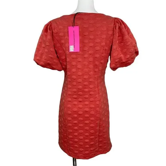 NWT Betsey Johnson Dot Jacquard Puff Sleeve Mini Dress Poppy Large XS - Picture 6 of 9